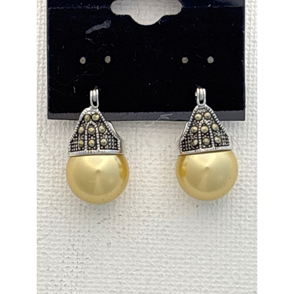 Earrings Faux Pearl Marcasite Silver Tone Champagne Gold Leverback Vintage New
